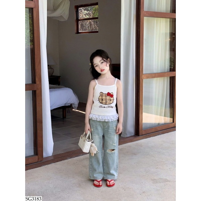 SG3183 ÁO 2 DÂY KITTY PHỐI QUẦN JEAN RÁCH CHO BG 