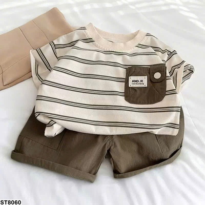 ST8060 SET ÁO PHÔNG KẺ MIX SHORT NÂU