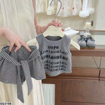 SG3198 SET ÁO BA LỖ CHỮ MIX SHORT KẺ CHO BÉ