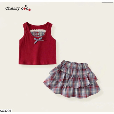 SG3201 SET ÁO SÁT NÁCH MIX CHÂN VÁY KẺ CHERRYCOCO