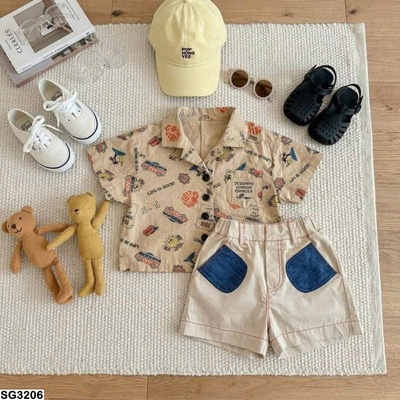 SG3206 SET ÁO SƠ MI HỌA TIẾT MIX SHORT CHO BÉ GÁI