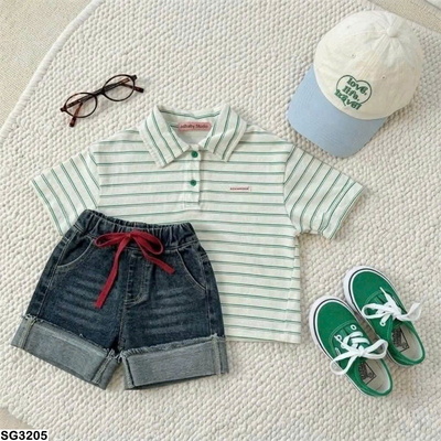 SG3205 SET ÁO KẺ MIX QUẦN SHORT JEANS CHO BÉ GÁI
