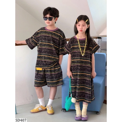SD407 SET VÁY- BỘ KẺ XÁM SỌC VÀNG CHO BÉ