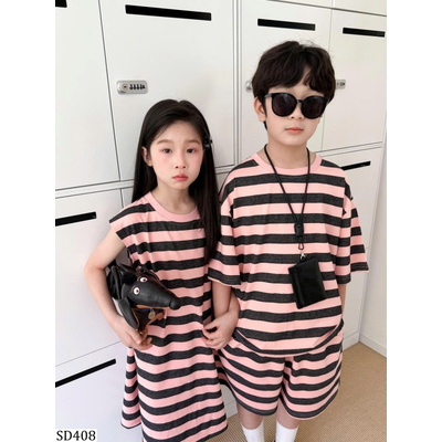 SD408 SET VÁY- BỘ KẺ TONE HỒNG XÁM CHO BÉ