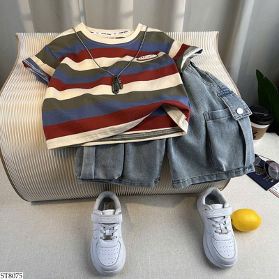 ST8075 SET ÁO KẺ PHỐI QUẦN SHORT JEAN CHO BT