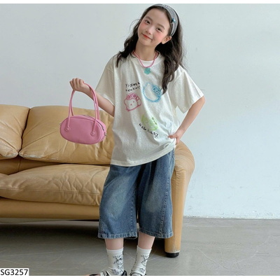 SG3257 SET ÁO THUN KITTY MIX JEANS LỠ SZ ĐẠI