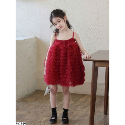 V0349 VÁY 2 DÂY ĐỎ BÈO TẦNG CHO BG