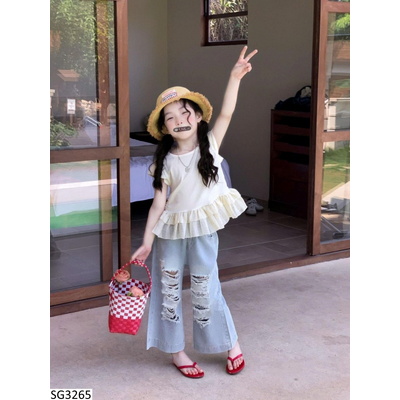 SG3265 SET ÁO PHÔNG PHỐI REN MIX QUẦN JEAN RÁCH