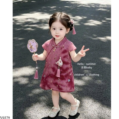 V0379 VÁY SƯỜN XÁM THÊU HOA CHO BÉ