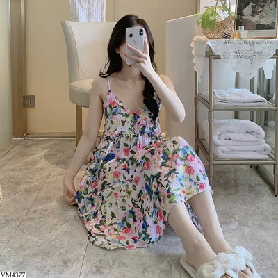 VM4377 VÁY NGỦ 2 DÂY HỌA TIẾT CHO NỮ
