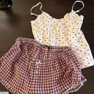 SM5519 SET NGỦ 2 DÂY IN HOA MIX QUẦN CARO