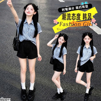 SG3311 SET ÁO SƠ MI JEANS PHỐI SHORT ĐEN BÉ GÁI