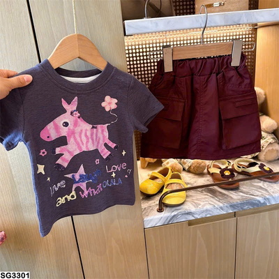SG3301 SET ÁO PHÔNG HÌNH NGỰA HỒNG MIX VÁY JEANS CHO BÉ GÁI