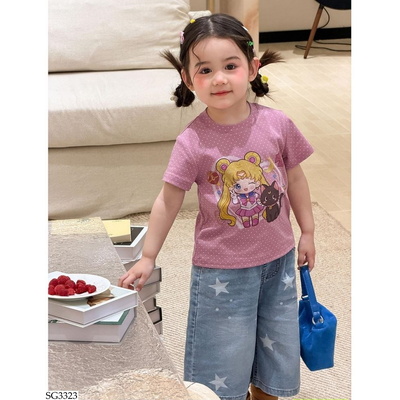 SG3323 ÁO HỒNG CHẤM BI MIX JEANS LỠ