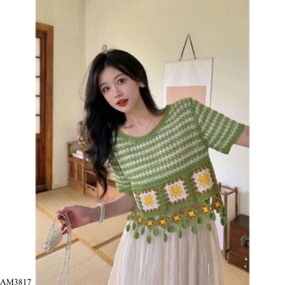 AM3817 ÁO LEN NGẮN TAY DÁNG CROPTOP NỮ