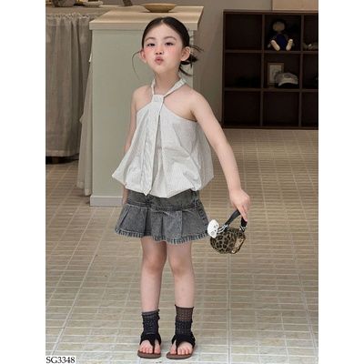 SG3348 ÁO CỔ YẾM PHỐI CHÂN VÁY JEAN CHO BG