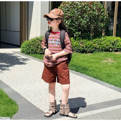 SG3375 SÉT ÁO KẺ MIX SHORT NÂU