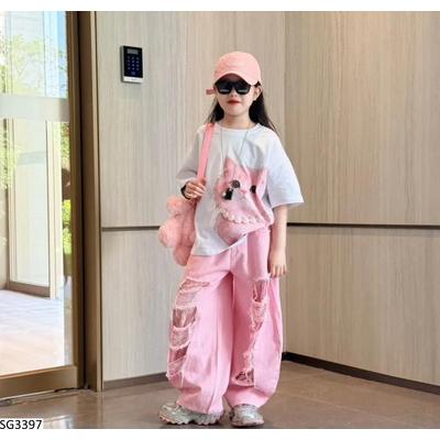 SG3397 SET ÁO MÈO HỒNG MIX JEANS SUÔNG RÁCH