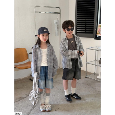 S8024 ÁO SƠ MI KẺ PHỐI QUẦN SHORT JEAN KUMAI.KIDS