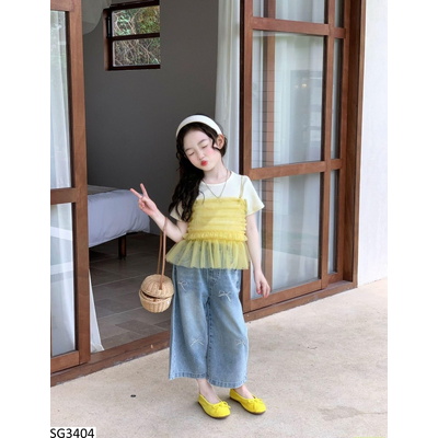 SG3404 SÉT ÁO PHỐI VOAN MIX JEANS SUÔNG CHO BG