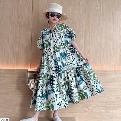 V0486 VÁY MAXI TẦNG HỌA TIẾT LÁ