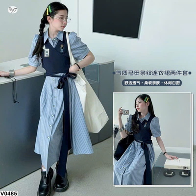 V0485 VÁY SƠ MI DÀI KẺ SỌC CHO BÉ
