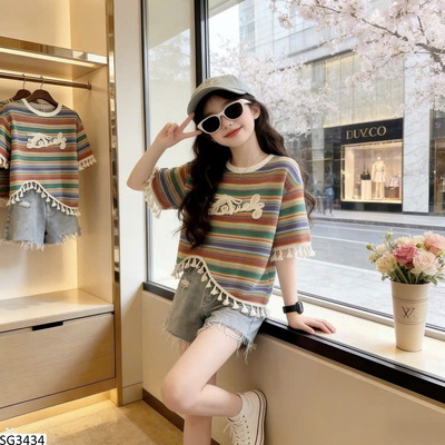 SG3434 SET ÁO KẺ MIX QUẦN SHORT JEAN CHO BG
