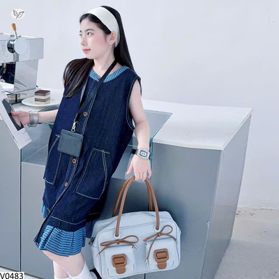 V0483 VÁY DENIM SÁT NÁCH PHỐI CARO BG