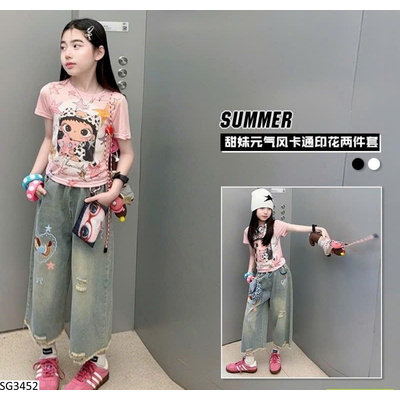 SG3452 SET ÁO THUN HỒNG HOẠT TIẾT MIX JEANS LỠ