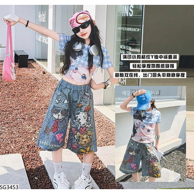 SG3453 SET CROPTOP CARO XANH MIX JEANS LỠ IN CÚN