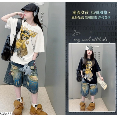 SG3456 SÉT ÁO THUN GẤU MIX JEANS RÁCH CÁ TÍNH