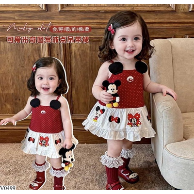 V0499 VÁY 2 DÂY MICKEY CHẤM BI ĐỎ NINGLI