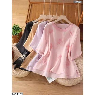 AM3979 ÁO NỮ THÊU HOA CỔ TRÒN TAY LỠ