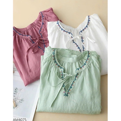AM4075 ÁO LINEN THÊU CỔ V SIÊU XINH