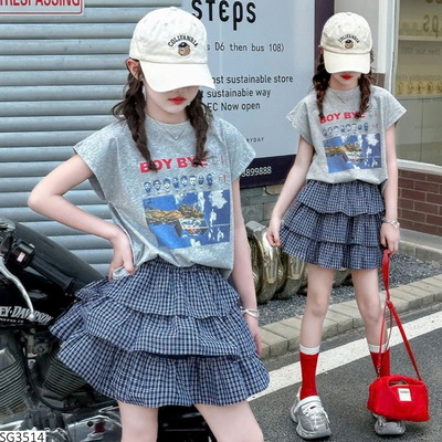 SG3514 SET ÁO PHÔNG XÁM MIX CHÂN VÁY CARO