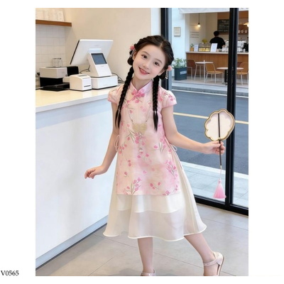 V0565 VÁY SƯỜN XÁM HOA HỒNG CÁCH TÂN