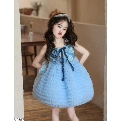 V0567 VÁY CÔNG CHÚA XANH PHỐI VOAN TẦNG CAO CẤP