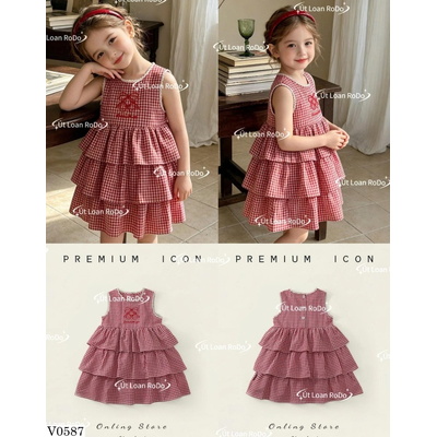 V0587  ĐẦM CARO ĐỎ XẾP TẦNG PREMIUM