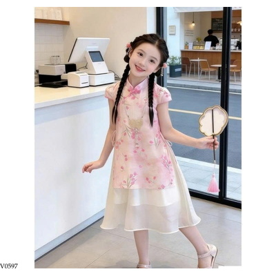 V0597 VÁY SƯỜN XÁM HOA HỒNG CÁCH TÂN