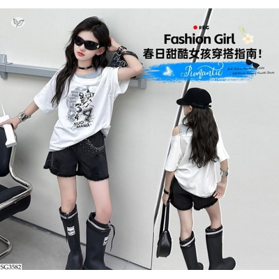SG3582 ÁO THUN TRỄ VAI MIX SHORT ĐEN