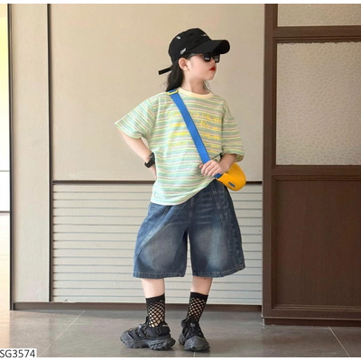 SG3574 SET ÁO PHÔNG KẺ QUẦN JEAN LỬNG CHO BÉ