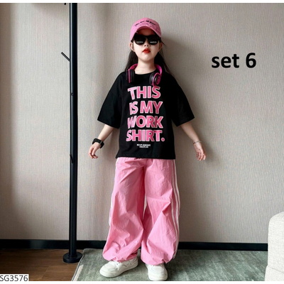 SG3576 SET ÁO PHÔNG CHỮ MIX QUẦN SUÔNG KẺ BÊN