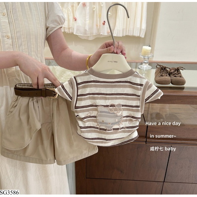 SG3586 SÉT ÁO MÈO KẺ MIX SHORT KAKI TBABY