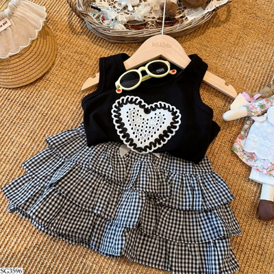 SG3596 SET ÁO TIM MIX CHÂN VÁY CARO