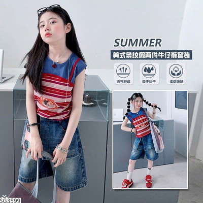 SG3599 SET ÁO SÁT NÁCH KẺ MIX QUẦN JEAN LỬNG BG