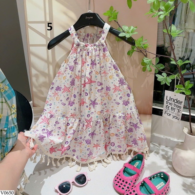 V0650 VÁY HOA CỔ YẾM BG