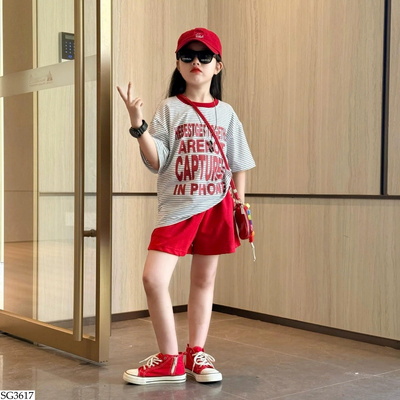 SG3617 SET ÁO PHÔNG KẺ MIX QUẦN SHORT ĐỎ