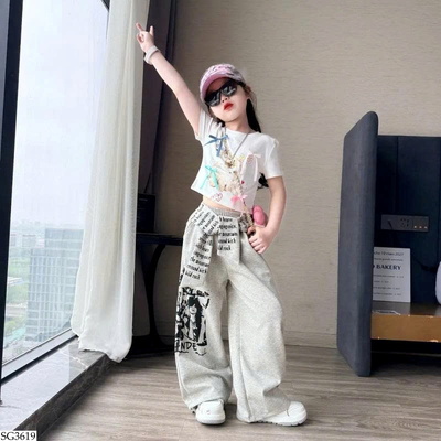 SG3619 ÁO THUN PHỐI QUẦN ỐNG RỘNG CHO BÉ GÁI