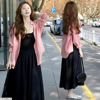 VN2406.01 SET VÁY ĐEN + SƠ MI HỒNG NHẸ NHÀNG