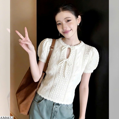 AM4432 ÁO LEN MÓC CỘT NƠ NGỰC TAY PHỒNG